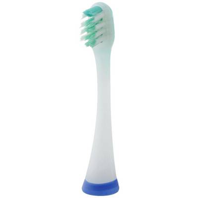 A replacement toothbrush head for an electric toothbrush with blue and white bristles, slightly transparent with a blue base.