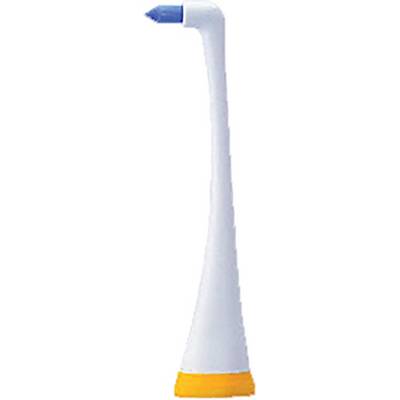 Nozzle for an oral irrigator, white with a blue tip and yellow base.