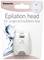 Epilator head for underarms/bikini area, suitable for wet and dry use, illustrated in packaging with water splash.