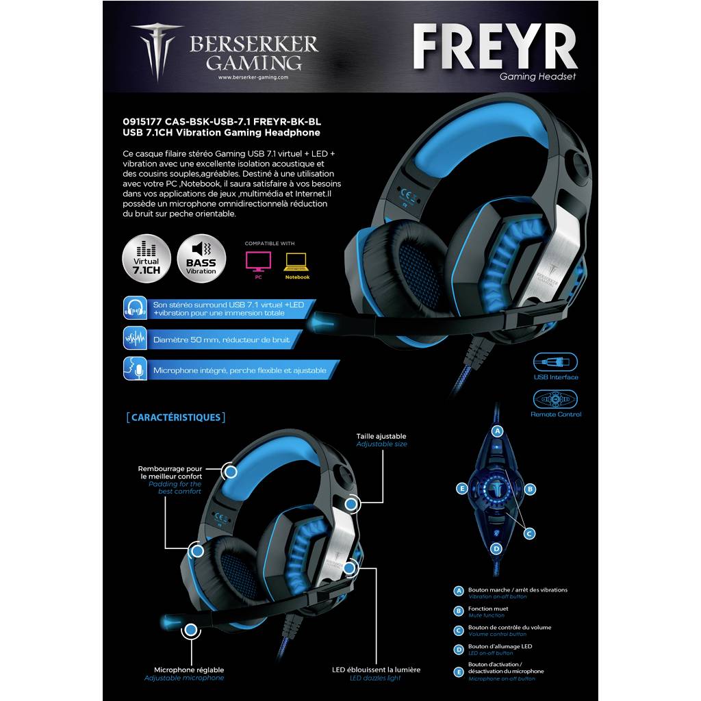 Berserker Gaming FREYR Over-ear headset Corded (1075100) 7.1 Surround Black Microphone noise cancelling Volume control, -5