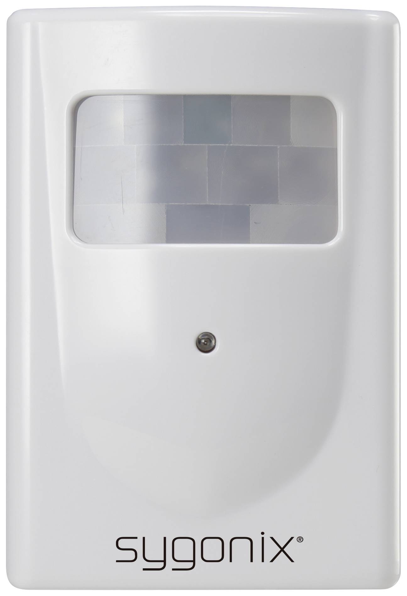 White motion sensor with 'sygonix' printed on the front, suitable for wall mounting for automatic light control.