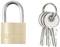Padlock with three keys. The lock is made of brass with an embossed logo. The keys are metal and attached to a ring.