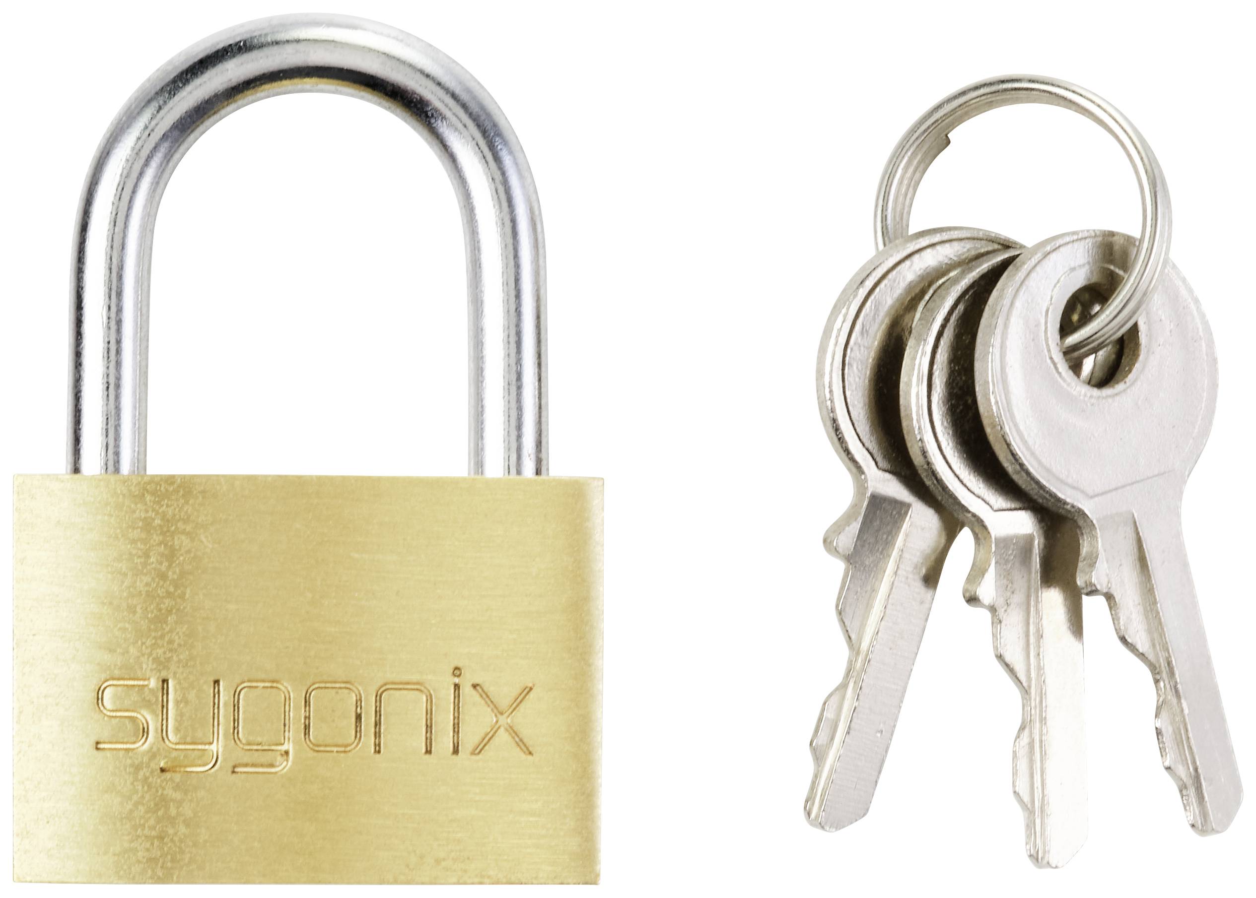Sygonix SY-5045282 Padlock 24.7 mm keyed-different Gold yellow Key