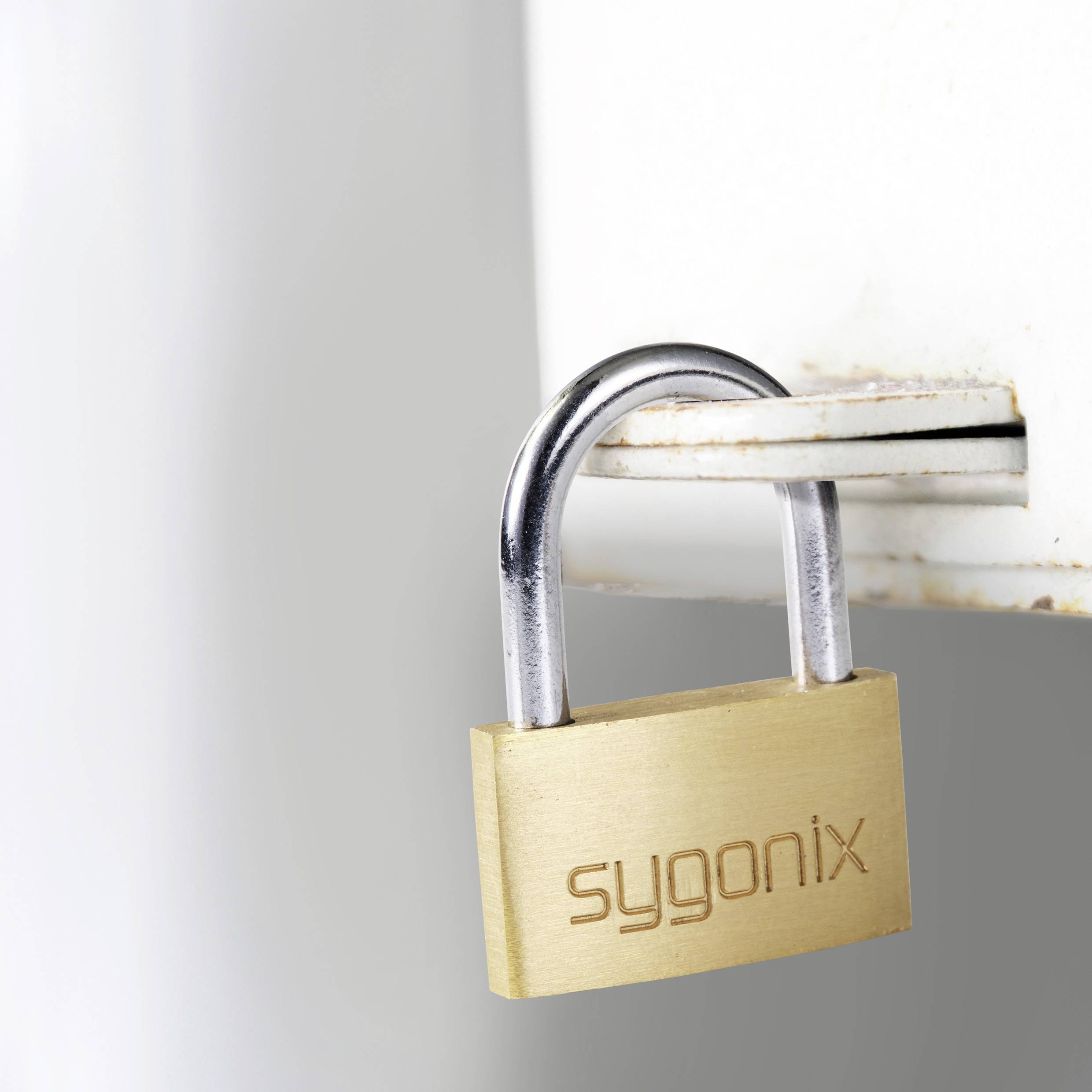 A padlock with the inscription 'sygonix' is hanging on a metal fastener located on a white surface.