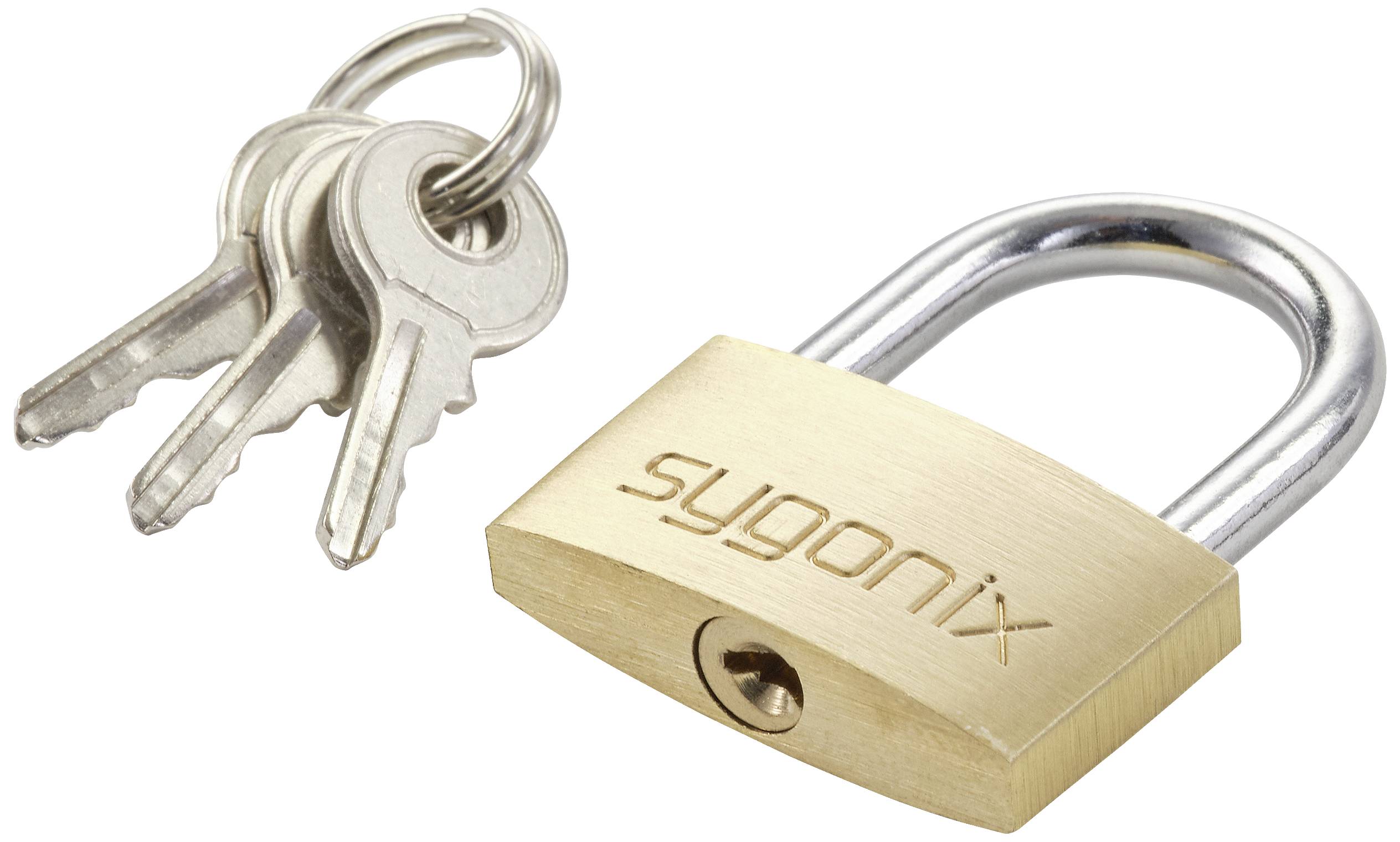 A padlock with the inscription 'sygonix' and three keys lying beside it.