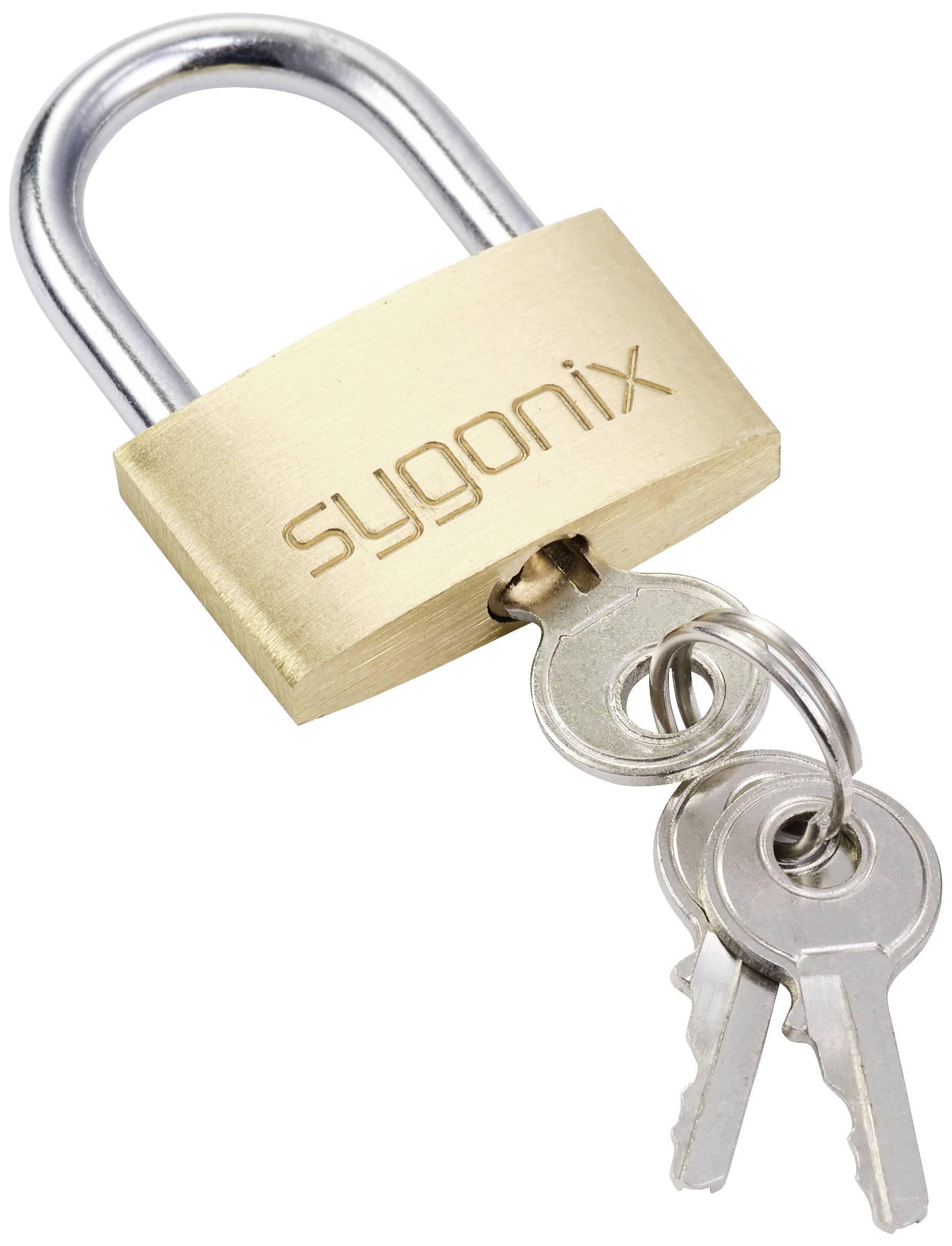 A brass padlock with the inscription 'sygonix', with three silver keys hanging from it.