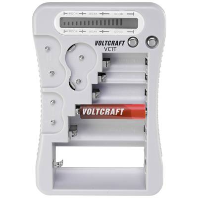 Battery tester with five slots and a black 'VOLTCRAFT VC1T' lettering. Battery inserted in the third slot.