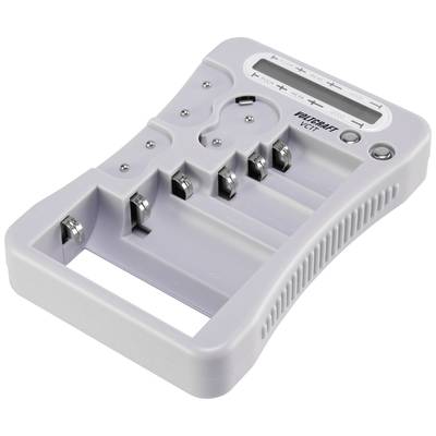 'Grey battery charger with four charging slots and a digital display. Suitable for AA and AAA batteries.'