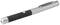 A silver laser pointer with a black grip lies horizontally. For home use during presentations or playful cat entertainment.