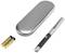 Silver laser pointer with batteries and protective case.