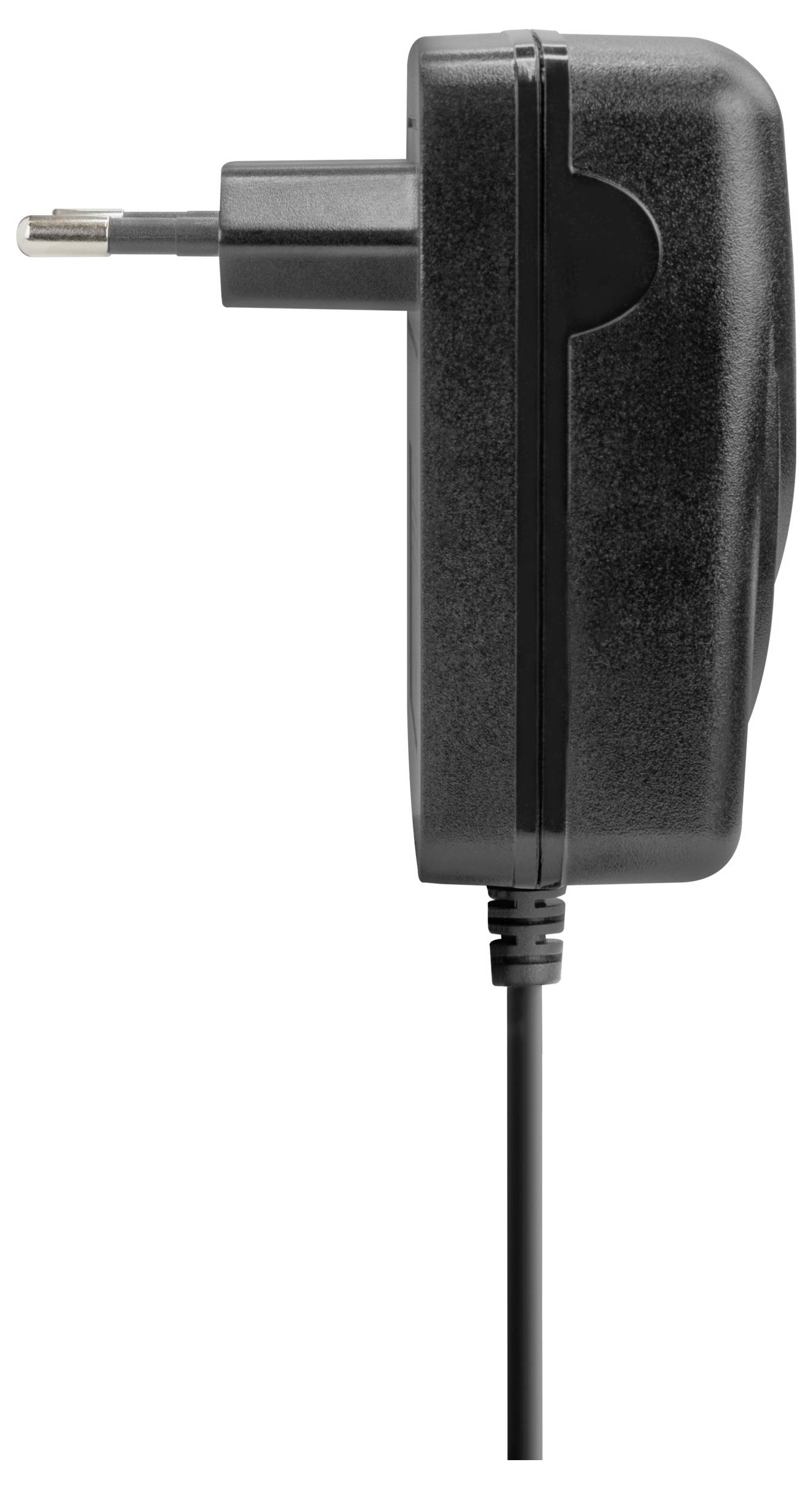 A black power adapter with a European plug, shown from the side, with cable pointing downwards.