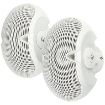 Two white wall-mounted speakers with a circular design and grey mesh grilles, suitable for indoor and outdoor use.