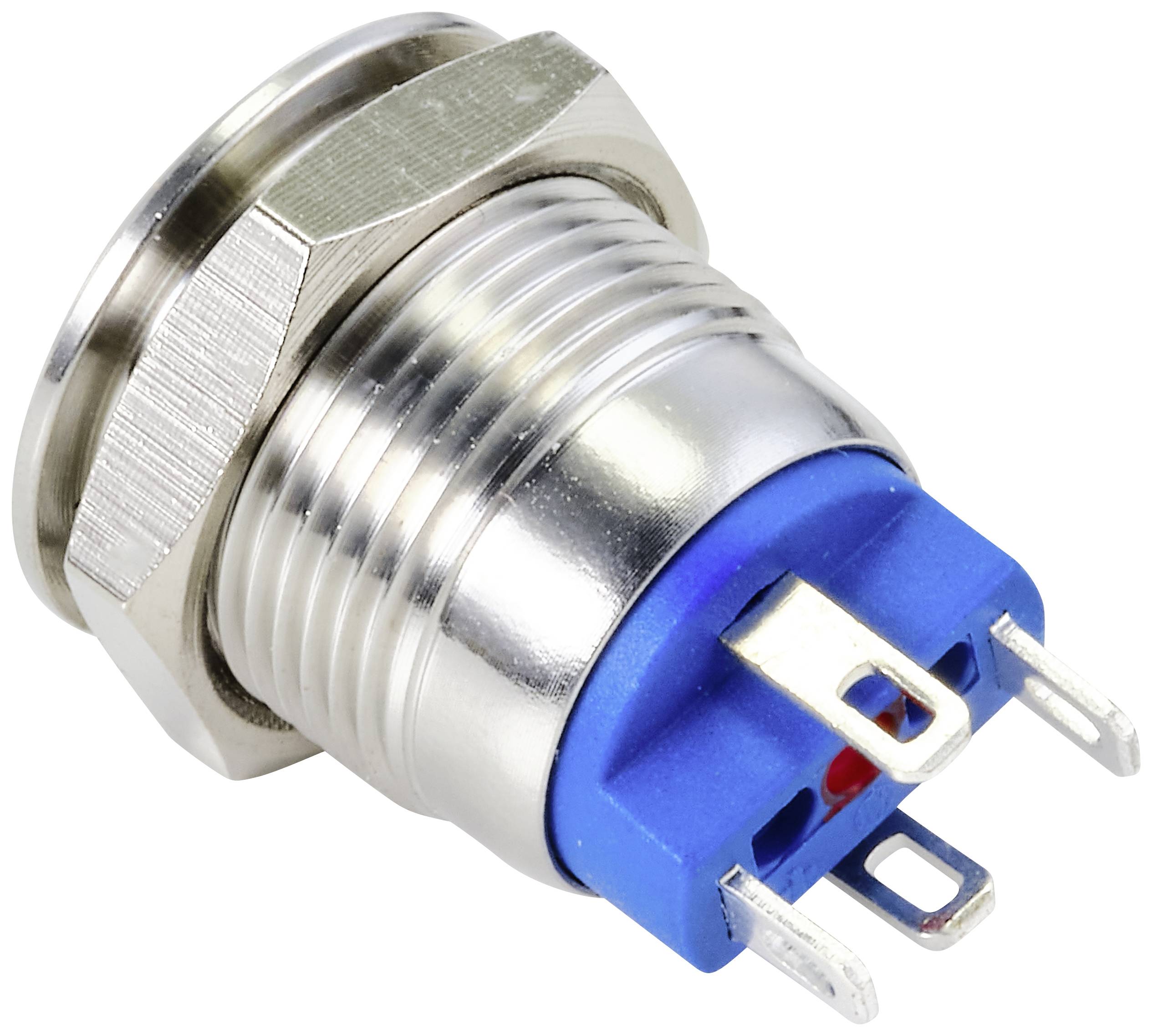 'A round metal push button with a blue base, three terminal connections and a hexagonal nut for mounting.'