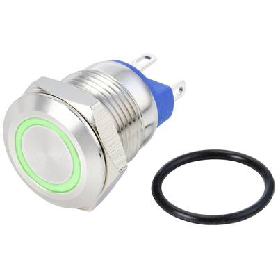 A round metal switch with a green LED border and two connections, alongside a black sealing ring.
