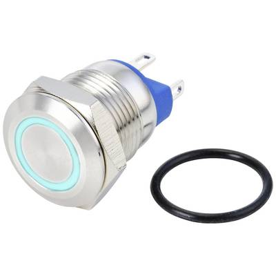 'A round, silver push button with a green illuminated ring, alongside a black O-ring for sealing. Suitable for electrical applications.'