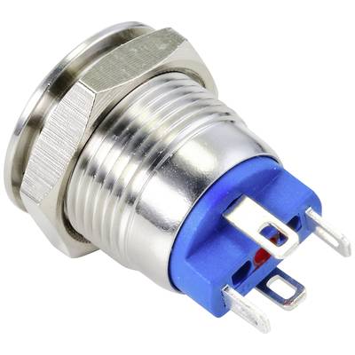 Metal switch with a blue plastic housing and three terminals, suitable for electronic applications.
