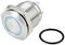 Metallic push button with blue LED ring and black sealing ring, suitable for control panels and industrial applications.