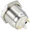 Round, metallic socket connector with two gold-coloured pins and a black marking on the white rear surface.