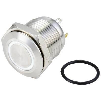 Silver metal push-button switch with a round shape, alongside a rubber ring. Switch suitable for electronic applications.
