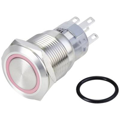 Metal pushbutton with silver ring and red LED halo, suitable for industrial applications; includes a seal for waterproof installation.