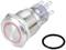 Metal pushbutton with silver ring and red LED halo, suitable for industrial applications; includes a seal for waterproof installation.