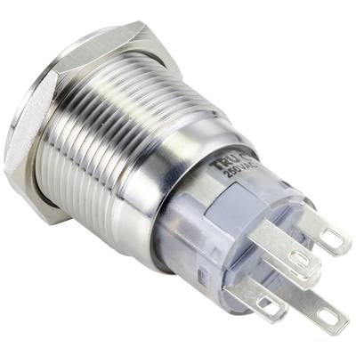 'Round metal push button, showing a side view with silver thread and connection terminals on the back.'