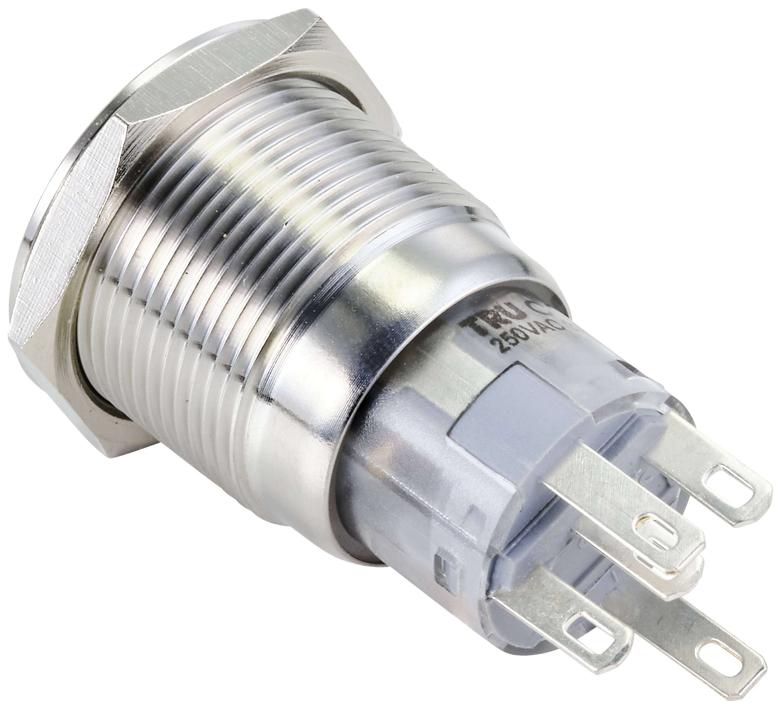 Metal switch with thread, three terminals and a transparent plastic part. Suitable for up to 250VAC.<br><br>Note: The translation is already very close to British English, with only minor potential adjustments depending on specific technical context.