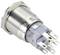 A round, silver metal switch with multiple connection pins, suitable for electrical connections.