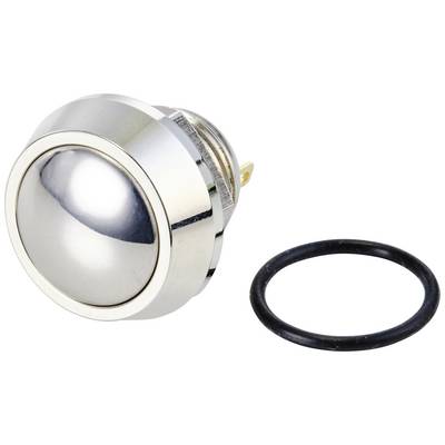 Silver push button with a black O-ring on a white background. The button appears mechanical and robust.