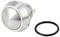Round, silver metal button next to a black O-ring. The button has a flat surface and a small, circular rim.