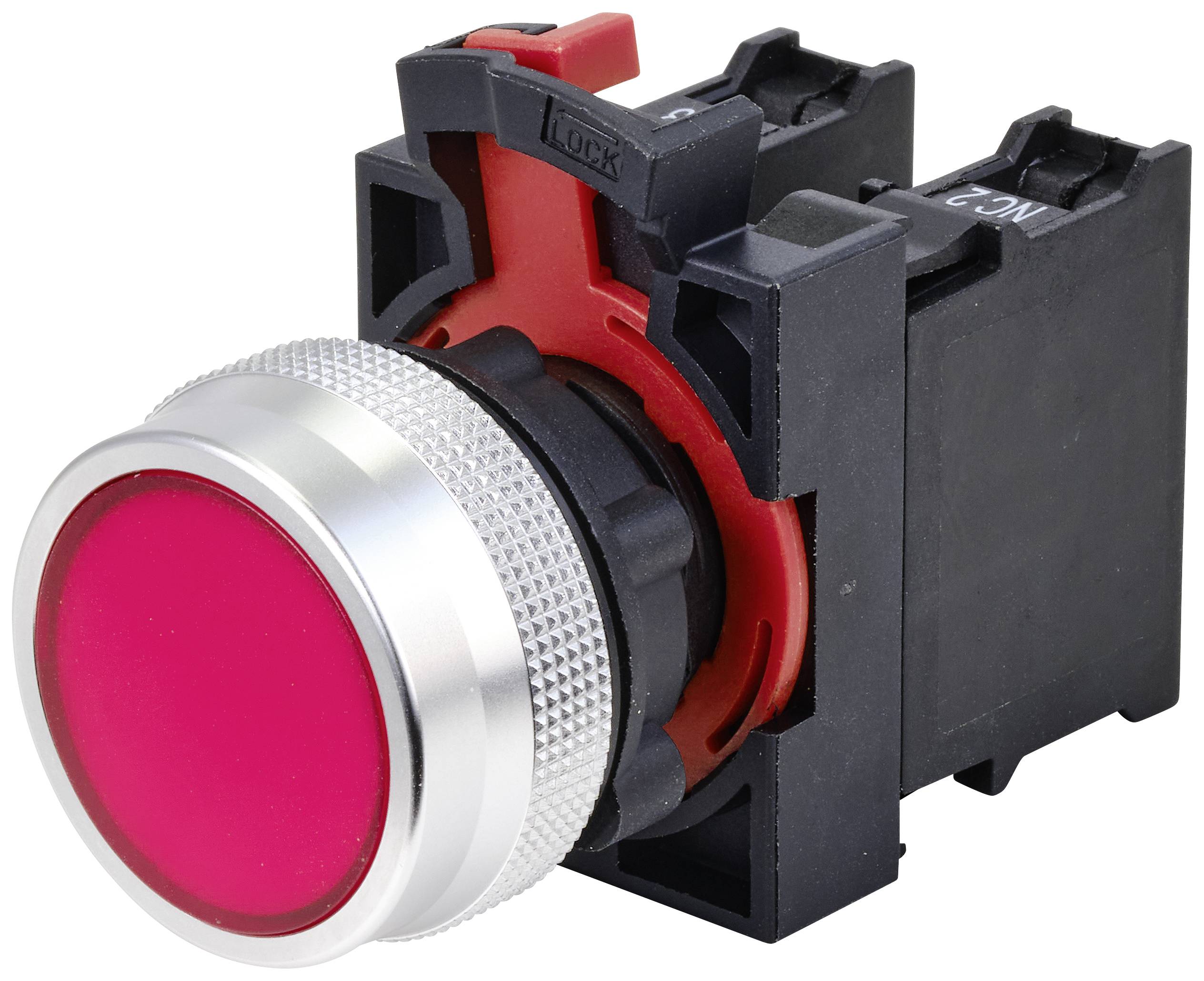 Red emergency stop button with silver rim mounted on black base, used for immediate interruption of machine functions.