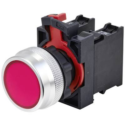 Red emergency stop button with silver rim mounted on black base, used for immediate interruption of machine functions.