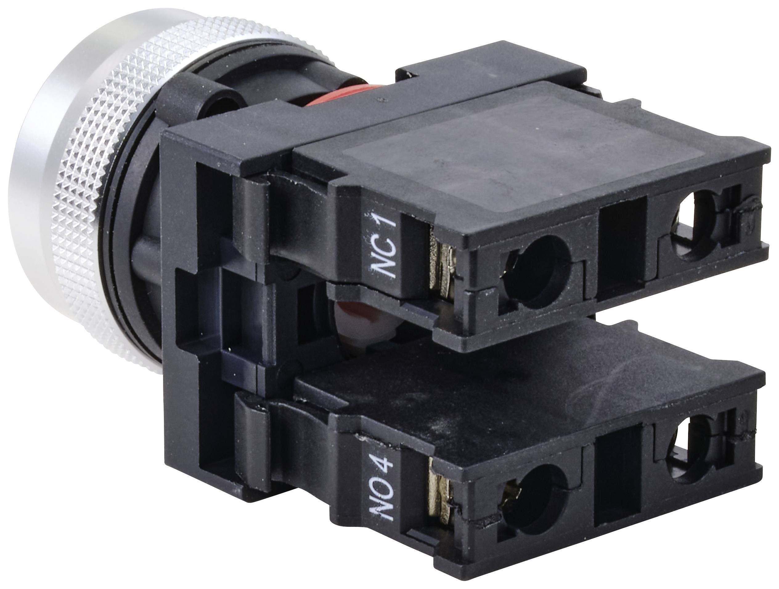 Electrical push button with two black contact blocks, one labelled 'NC1' and the other 'NO4', and a silver button.