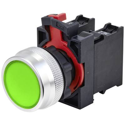 Green push button with metal rim, mounted in a black mounting frame. Used to start machines or processes.