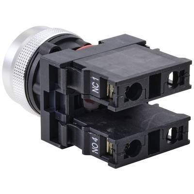 A black electrical switch with two contacts 'NC1' and 'NO4', mounted in a housing, with a silver rotary knob on top.