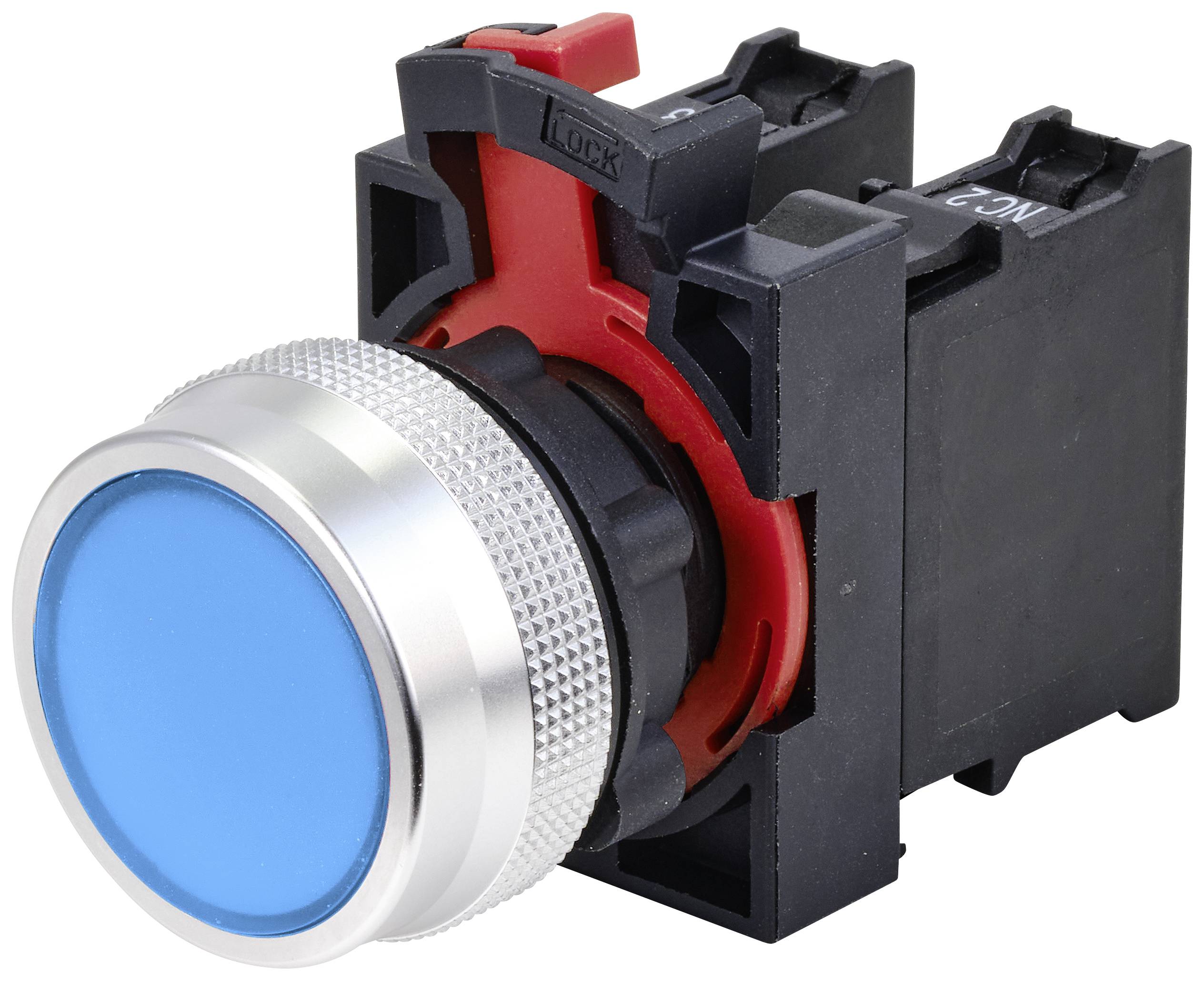 A blue push button with a silver border. The button is mounted in a black housing.