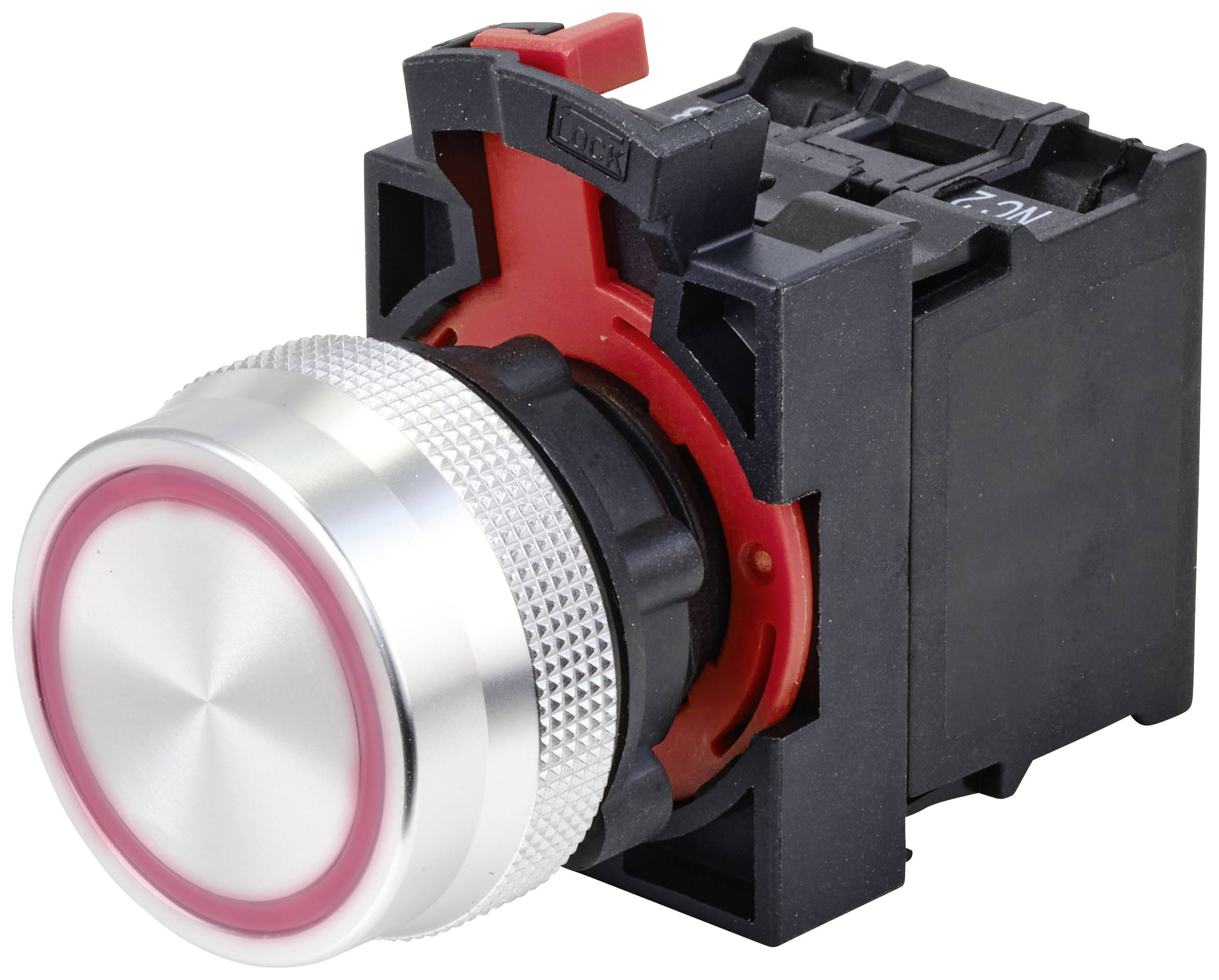 'Push Button' shows a round, silver switch with a red, illuminated border on a black housing.