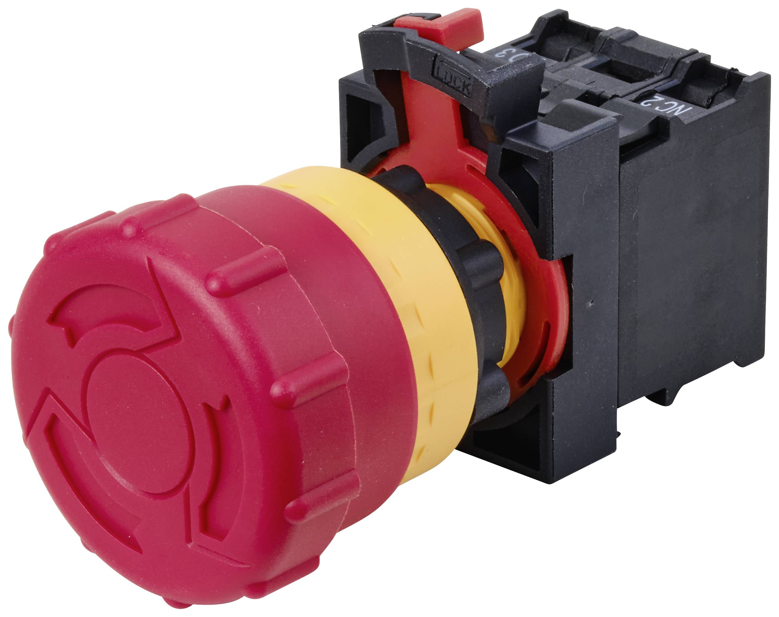 Red emergency stop switch with yellow base in plastic casing, side view. Used for rapid shutdown in emergency situations.