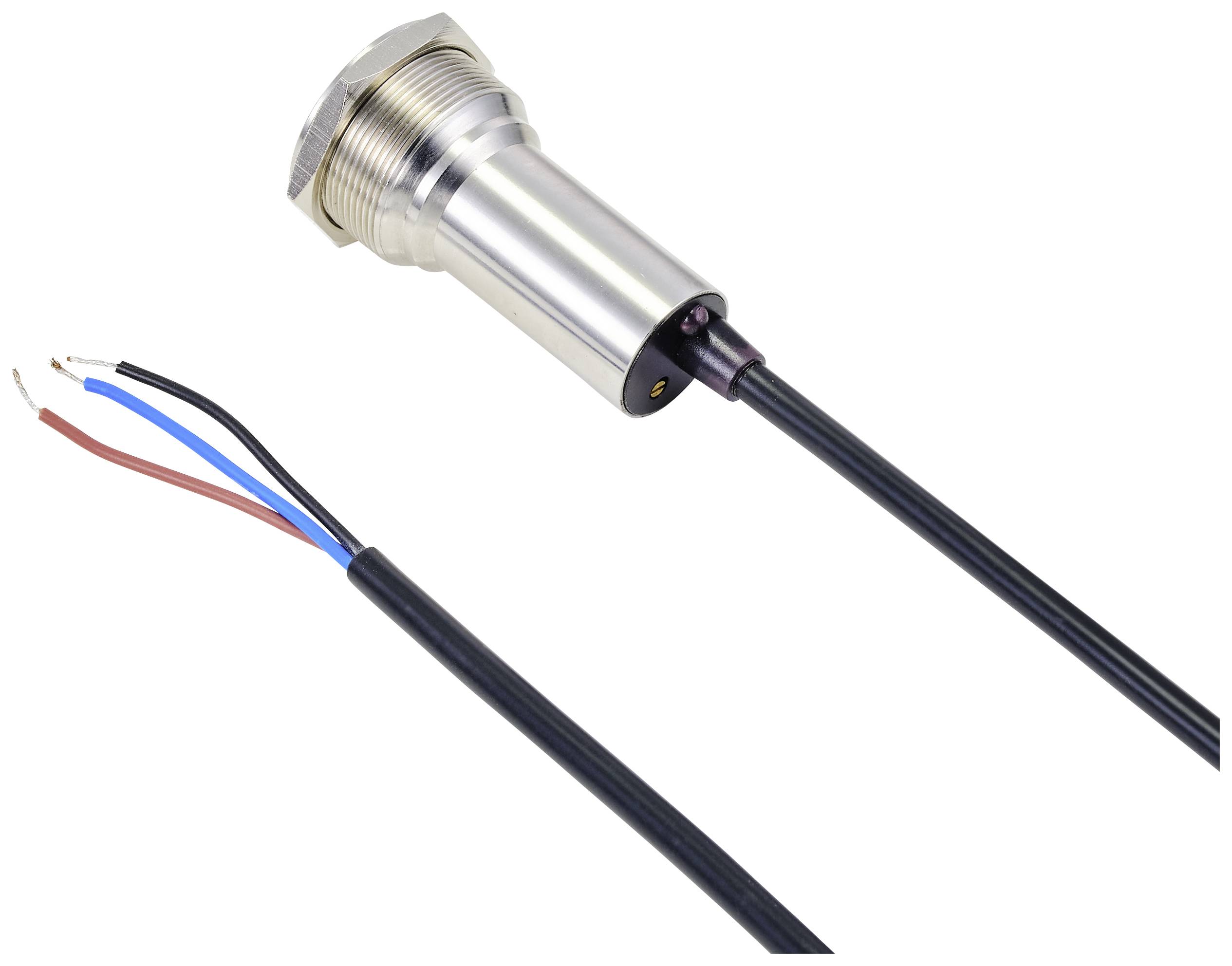 Cylindrical sensor with metal threaded housing and three cables: blue, black, and brown; used for electrical connection.