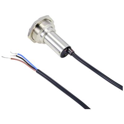 A cylindrical sensor with a threaded connection, connected to a cable that terminates in three coloured wires: red, blue and black.