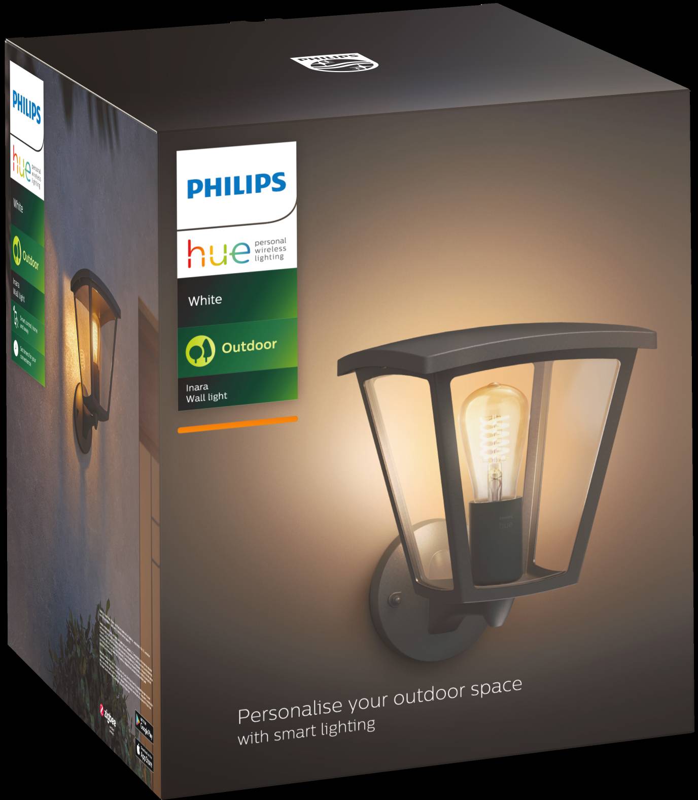 Packaging for a Philips Hue wall light, showing a black outdoor lamp with a visible light bulb; designed for personalised outdoor lighting.