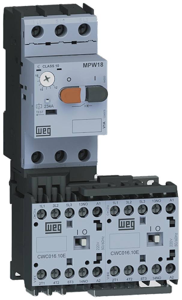 An electrical contactor with an operating interface featuring a switch and multiple connections. Model number 'MPW18' visible.