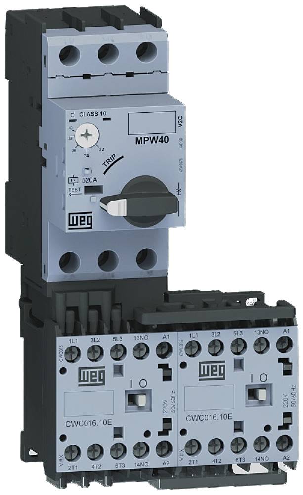 A blue WEG circuit breaker with a black rotary switch in the centre, with connections beneath and a WEG logo.