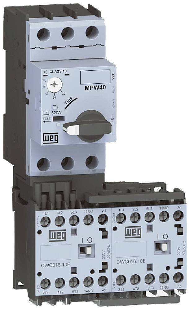 'Electrical motor protection circuit breaker and contactor mounted on a DIN rail, suitable for protecting electric motors.'