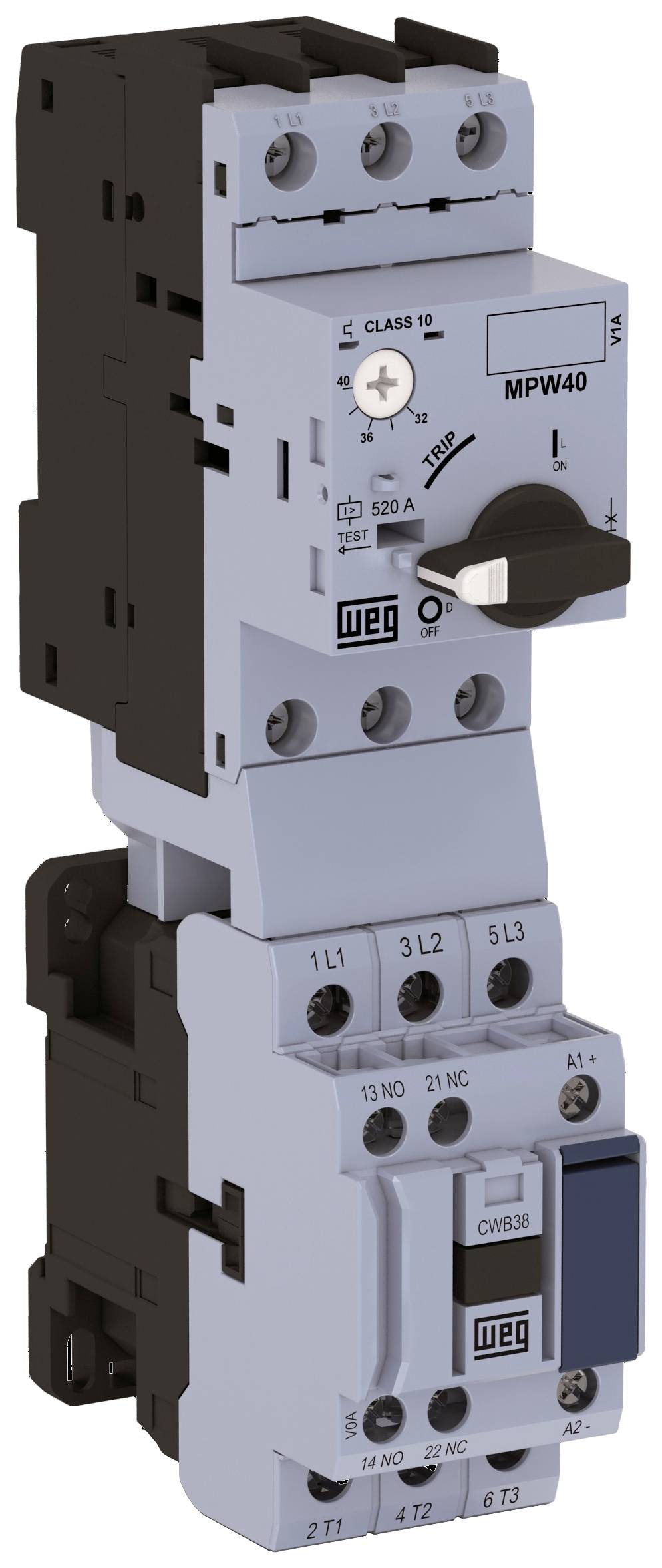 'WEG MPW40' contactor with lever for current regulation, various connection terminals, suitable for industrial applications.