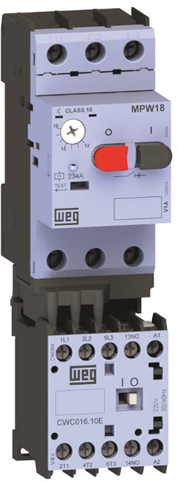 Electrical contactor with overload switch 'MPW18' by WEG. Shows operating elements and connections on the front panel.