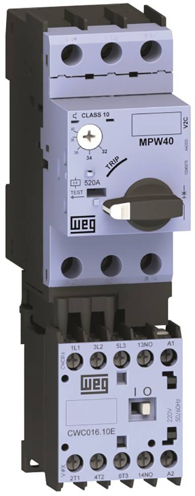A WEG electric motor protection switch, type MPW40, with adjustable current rating and control button for motor operation.
