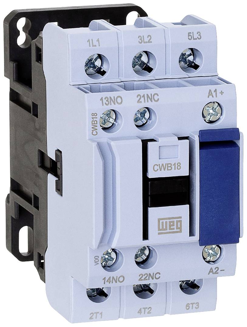 An electrical contactor with labels for connections and control terminals. Primarily in grey and blue tones.