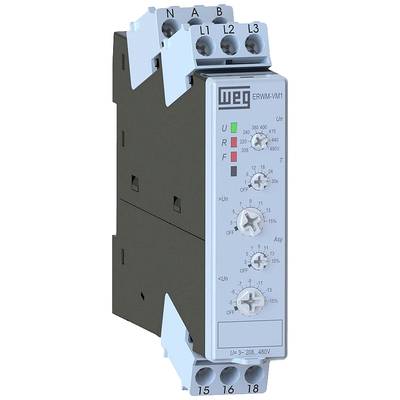 The image shows an electronic device by WEG, model number ERWM-VM1, with rotary knobs and LED displays for voltage and frequency settings.