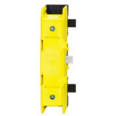 Yellow plastic fixing or mounting component with visible screw holes, likely for technical applications.